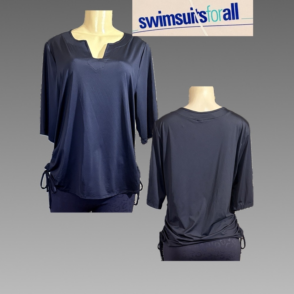 Swimsuits For All 14/16 Black Swim Tee Split Neck Ruched Side Tie Half Sleeve